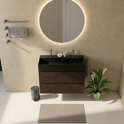 Saniclass Holz Pure Badkamermeubelset - 100x45x72cm - Legend keramische wastafel mat zwart - 1 wasbak - 2 kraangaten - 2 lades - mat eiken charcoal (hout)