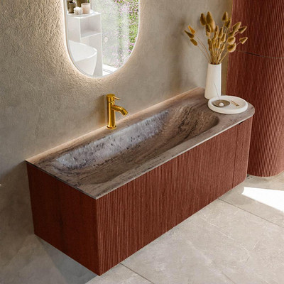 MONDIAZ KURVE-DLUX 125cm badmeubel ronding Rechts kleur Ruby met 1 lade en 1 deur. Wastafel BIG MEDIUM Links 1 kraangat Oza.