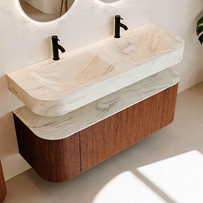 MONDIAZ THOR-DLUX 130cm meuble de salle de bains arrondi gauche + droite couleur Ruby avec 1 tiroir et 2 portes. Vasque suspendue CLOUD Double 2 trous de robinet couleur Ostra.