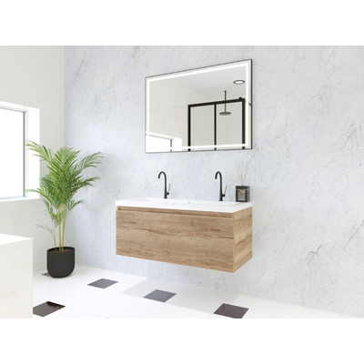 HR Matrix ensemble meuble de salle de bain 3d 100cm 1 tiroir sans poignée avec bandeau couleur chêne français avec vasque djazz 2 robinets blanc