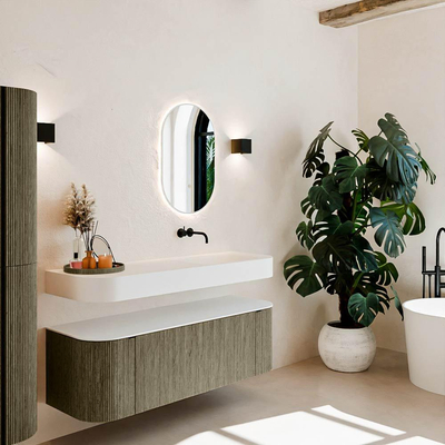 MONDIAZ THOR 140cm meuble de salle de bains arrondi gauche + droite couleur Shadow avec 1 tiroir et 2 portes. Vasque suspendue CLOUD droite sans trou de robinet couleur Talc.