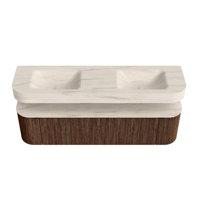 MONDIAZ THOR-DLUX Meuble de salle de bains 170cm arrondi gauche + droite couleur Walnut avec 1 tiroir et 2 portes. Vasque suspendue CLOUD Double 2 trous de robinet couleur Meli.