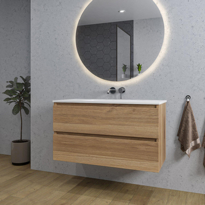 Adema Chaci Meuble salle de bain - 100x46x57cm - 1 vasque en céramique blanche - sans trou de robinet - 2 tiroirs - miroir rond avec éclairage - cannelle