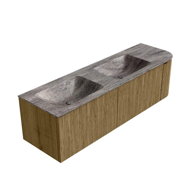 MONDIAZ KURVE-DLUX meuble de salle de bains 155cm arrondi à droite couleur Dusk avec 2 tiroirs et 1 porte. Lavabo LEAF double / gauche sans trou de robinet Oza.