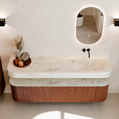 MONDIAZ THOR-DLUX 180cm meuble de salle de bains arrondi gauche + droite couleur Ruby avec 2 tiroirs et 2 portes. Vasque suspendue CLOUD Droite sans trou de robinet couleur Ostra.