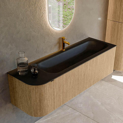 MONDIAZ KURVE 145cm badmeubel met module 25 L kleur Oak met 1 lade en 1 deur. Wastafel BIG LARGE rechts 1 kraangat Urban.