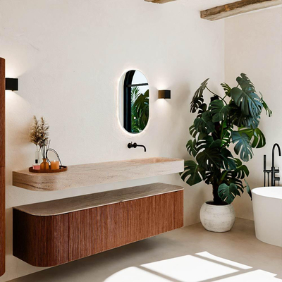 MONDIAZ THOR-DLUX 180cm meuble de salle de bains arrondi gauche + droite couleur Ruby avec 2 tiroirs et 2 portes. Vasque suspendue CLOUD Droite sans trou de robinet couleur Saba.