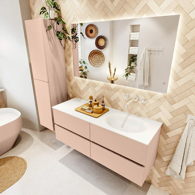 Mondiaz VICA ensemble de meuble de salle de bain - 130cm - meuble sous-vasque rosee - 4 tiroirs - lavabo moon droite - sans trous de robinet - version haute de 60cm - talc