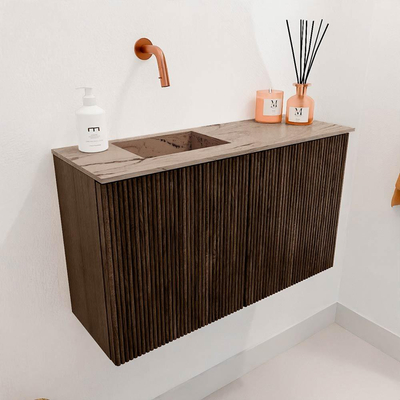 Mondiaz JOYA-DLUX 70cm toiletmeubel - kleur Walnut - Wastafel FAYE positie Links Zonder kraangat kleur Arena.