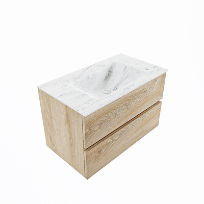MONDIAZ VICA-DLUX Ensemble meuble de salle de bains - 80cm - meuble bas Washed oak - 2 tiroirs - vasque encastrée cloud au milieu - 1 trou de robinet - version haute de 60cm - Opalo