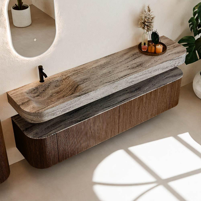 MONDIAZ THOR-DLUX 200cm meuble de salle de bains arrondi gauche + droite couleur Walnut avec 2 tiroirs et 2 portes. Vasque suspendue CLOUD Gauche 1 trou de robinet couleur Oza.