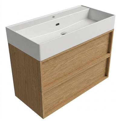 Saniclass Holz Frame Ensemble meuble de salle de bains - 100x45x72cm - lavabo Legend en céramique blanc mat - 1 vasque - 1 trou de robinet - 2 tiroirs - chêne naturel mat (bois)