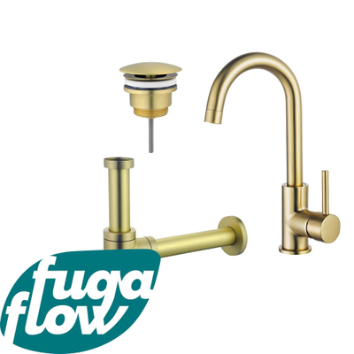FugaFlow Eccelente Sobrado Badkamer Wastafelkraanset - hoge wastafelkraan - draaibare uitloop - always open plug - design sifon - PVD Geborsteld Messing