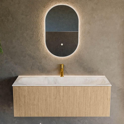MONDIAZ KURVE-DLUX 120cm badmeubel kleur Oak met 1 lade. Wastafel BIG LARGE midden 1 kraangat kleur Frappe.