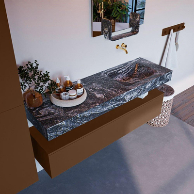 Mondiaz ALAN-DLUX Ensemble de meuble - 150cm - meuble Rust mat - 1 tiroir - Lavabo Cloud Lava suspendu - vasque Droite - 0 trous de robinet