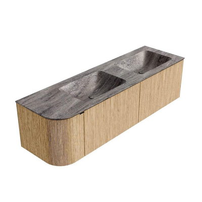 MONDIAZ KURVE-DLUX 155cm badmeubel ronding Links kleur Oak met 2 lades en 1 deur. Wastafel LEAF Dubbel / Rechts 2 kraangaten Oza.