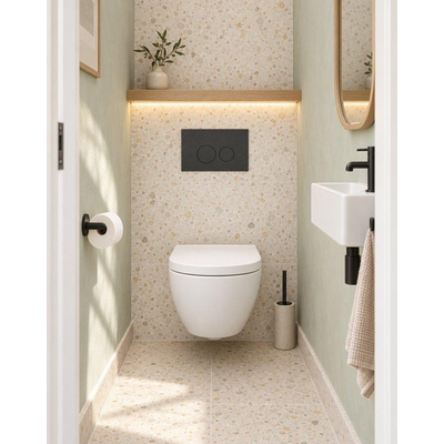 QeramiQ Dely Swirl Compact Toiletset - inbouwreservoir Geberit UP320 - met Burda frame - 25mm zitting - kunststof bedieningsplaat mat antraciet - ronde knoppen - glans wit