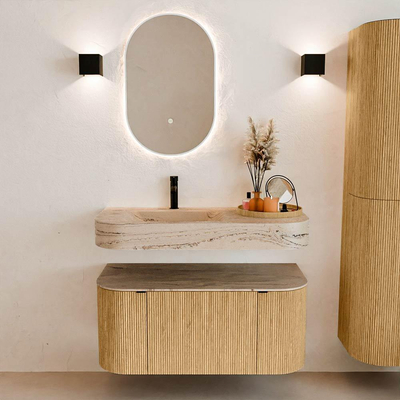 MONDIAZ THOR-DLUX 100cm meuble de salle de bains arrondi gauche + droite couleur Oak avec 1 tiroir et 2 portes. Vasque suspendue CLOUD Gauche 1 trou de robinet couleur Arena.