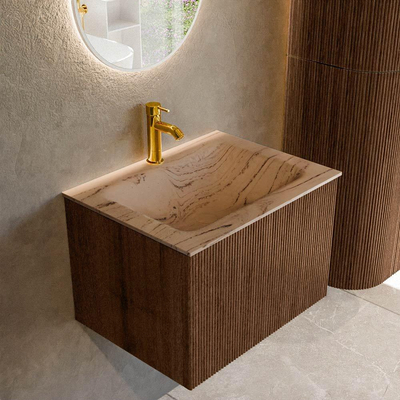 MONDIAZ KURVE-DLUX Meuble de salle de bains 60cm couleur Walnut avec 1 tiroir et 0 porte. Lavabo CLOUD Central 1 trou de robinet Arena.