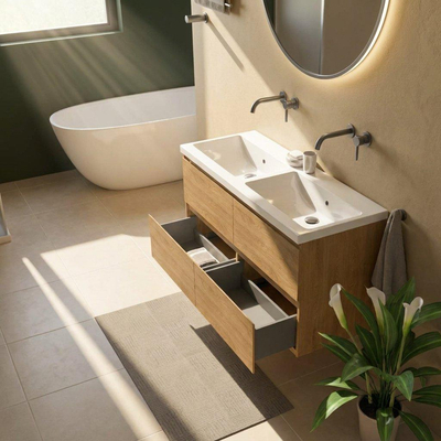 Saniclass Holz Pure Ensemble meuble de salle de bains - 120x45x63.5cm - Lavabo Bari en céramique blanc - 2 vasques - sans trous de robinetterie - 4 tiroirs - chêne natural mat (bois)