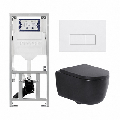 QeramiQ Dely Swirl Ensemble WC - 36.3x51.7cm - Réservoir encastré Geberit UP320 - Abattant de 35mm d'épaisseur - Plaque de commande blanc brillant - Boutons rectangulaires - Noir mat