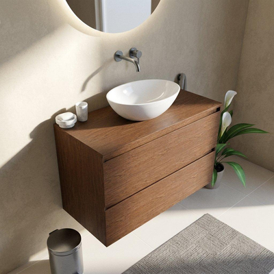 Saniclass Holz Pure Ensemble de meubles de salle de bains - 100x45x62cm - plan de travail en bois - sans trou de robinetterie - 2 tiroirs - walnut pure mat (bois)