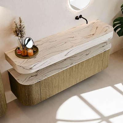 MONDIAZ THOR-DLUX Meuble de salle de bains - 170cm - arrondi gauche + droite - couleur Dusk - 1 tiroir - 2 portes - Vasque suspendue CLOUD droite sans trou de robinet - couleur Nata