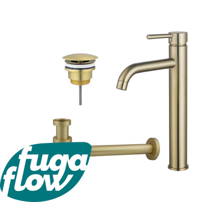 FugaFlow Eccelente Sobrado Kit mitigeur lavabo - robinet rehaussé - bonde non-obturable - siphon design bas - PVD Laiton brossé