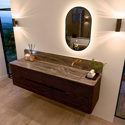 Mondiaz CIRO-DLUX Ensemble de meubles de salle de bains - 180x45x50cm - Plan vasque solid surface Sombra - 1 bassin à droite - sans trous de robinet - 4 tiroirs - Noyer