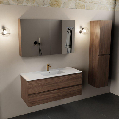 Mondiaz Aivy badmeubelset - 120x45x50cm - 1 kraangat - 1 wasbak talc Keramiek - Midden - 2 lades - Met spiegelkast - Melamine Mocha