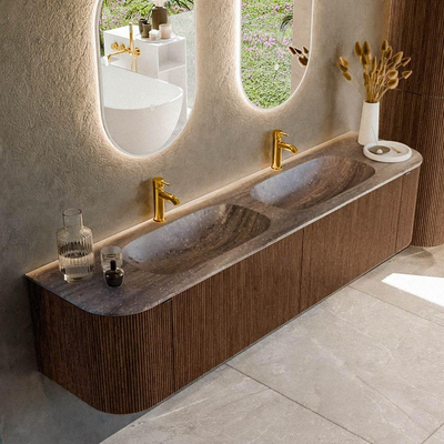 MONDIAZ KURVE-DLUX Meuble de salle de bains 190cm arrondi gauche + droite couleur Walnut avec 2 tiroirs et 2 portes. Lavabo STOR SMALL Double 2 trous de robinet Oza.