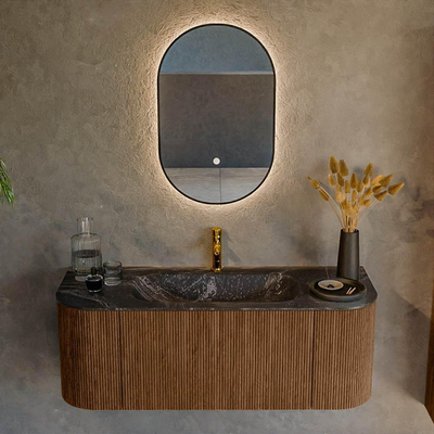 MONDIAZ KURVE-DLUX 120cm Meuble salle de bain avec module 25 G et D - couleur Walnut - 1 tiroir - 2 portes - vasque BIG SMALL centre - 1 trou de robinet - couleur Lava