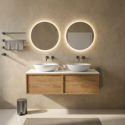 Saniclass Holz Frame Ensemble meuble de salle de bains - 140x45x42.5cm - Plan de travail Torino en solid surface blanc - sans trou de robinet - 2 tiroirs - chêne naturel mat (bois)