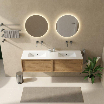 Saniclass Holz Frame Ensemble de meubles de salle de bains - 160x45x42cm - Lavabo Vygo en céramique blanc - 2 vasques - sans trous de robinetterie - 2 tiroirs - chêne natural mat (bois)