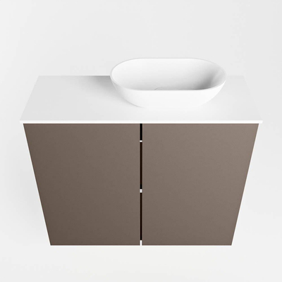 Mondiaz Fowy Meuble de toilette - 60x50x23cm - fumée mat - 1 trou de robinet - lavabo à droite - 2 portes - solid surface - plan MDF - lavabo : blanc
