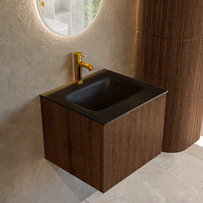 MONDIAZ KURVE 50cm badmeubel kleur Walnut met 1 lade. Wastafel GRUNNE midden 1 kraangat Urban.
