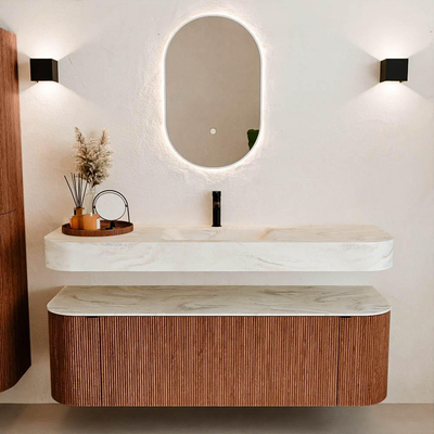 MONDIAZ THOR-DLUX 150cm meuble de salle de bains arrondi gauche + droite couleur Ruby avec 1 tiroir et 2 portes. Vasque suspendue CLOUD Milieu 1 trou de robinet couleur Ostra.