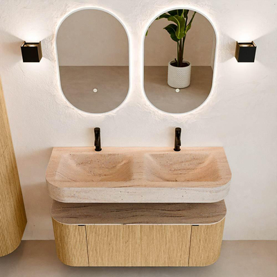 MONDIAZ THOR-DLUX 120cm badmeubel ronding links + rechts kleur Oak met 1 lade en 2 deuren. Vrijhangende wastafel CLOUD Dubbel 2 kraangaten kleur Saba.