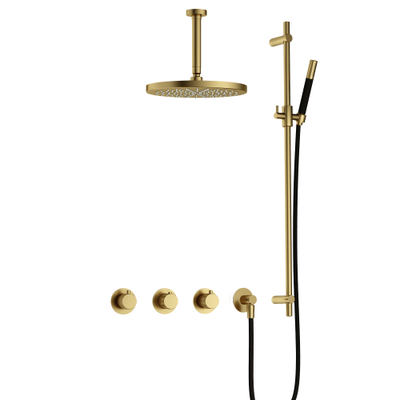 Hotbath Cobber X IBSX70 Regendoucheset inbouw - hoofddouche 30cm - plafondarm 15cm - glijstang - handdouche staaf 1 stand - geborsteld messing - PVD
