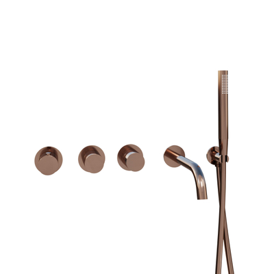 Fortifura Nebbio Ensemble combiné baignoire - mitigeur thermostatique - coude mural avec support de douchette - flexible de douche métallique - douchette à main barre - bec verseur - cuivre brossé PVD (cuivre)