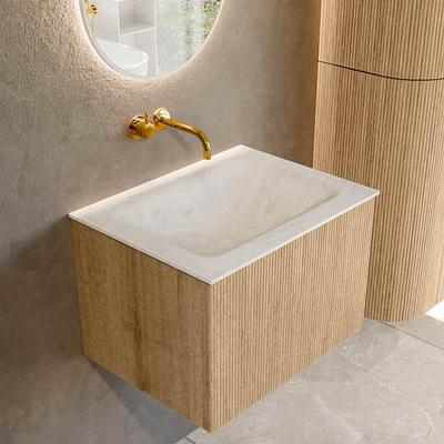 MONDIAZ KURVE-DLUX Meuble de salle de bains 60 cm couleur Oak avec 1 tiroir. Lavabo CLOUD central sans trou de robinet couleur Opalo.