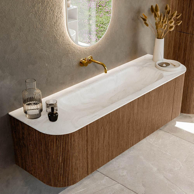 MONDIAZ KURVE-DLUX 150cm Meuble salle de bain avec module 25 G et D - couleur Walnut - 1 tiroir - 2 portes - vasque BIG MEDIUM centre - sans trou de robinet - couleur Ostra