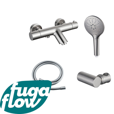 FugaFlow Eccelente Sobrado Robinet de baignoire thermostatique avec douchette ronde, support et flexible lisse Inox brossé PVD