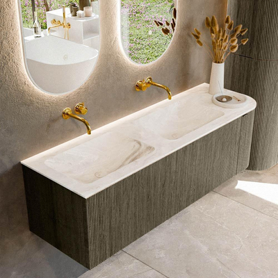 Mondiaz KURVE-DLUX Ensemble de meuble de salle de bains - 145x46x40cm - 1 tiroir - 1 porte - vasque solid surface - double / gauche - sans trou de robinet - Shadow