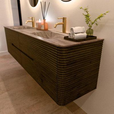 Mondiaz CIRO-DLUX Badkamermeubelset - 190x45x50cm - Solid surface wastafel Oza - 2 wasbak Dubbel - 2 kraangaten - 4 lades - Shadow