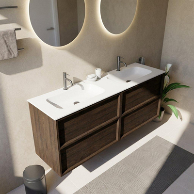 Saniclass Holz Frame Ensemble de meubles de salle de bains - 160x45x61.5cm - Flow lavabo en solid surface blanc - 2 vasques - 2 trous de robinet - 4 tiroirs - chêne charcoal mat (bois)