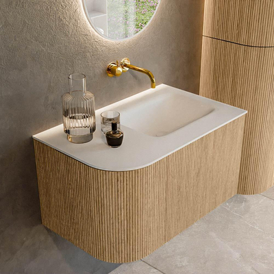 MONDIAZ KURVE 75cm Meuble salle de bain avec module 25 G - couleur Oak - 1 tiroir - 1 porte - vasque GRUNNE droite - sans trous de robinet - Talc