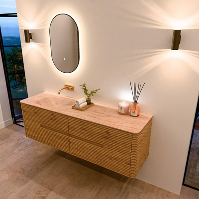 Mondiaz CIRO-DLUX Badkamermeubelset - 160x45x50cm - Solid surface wastafel Saba - 1 wasbak Links - zonder kraangaten - 4 lades - Oak