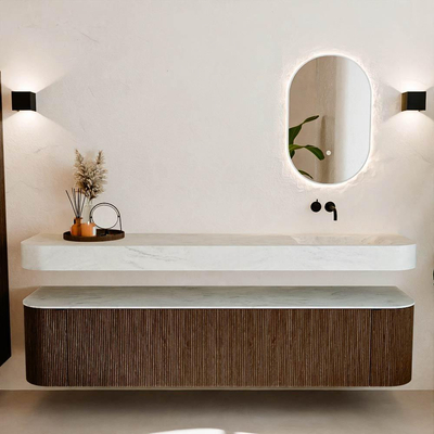 MONDIAZ THOR-DLUX 200cm meuble de salle de bains arrondi gauche + droite couleur Walnut avec 2 tiroirs et 2 portes. Vasque suspendue CLOUD Droite sans trou de robinet couleur Opalo.