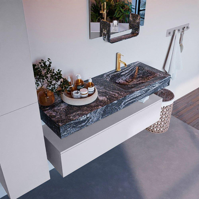 Mondiaz ALAN-DLUX Ensemble de meuble - 130cm - meuble Cale mat - 1 tiroir - Lavabo Cloud Lava suspendu - vasque Droite - 1 trou de robinet